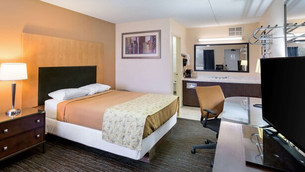 Une chambre d’hôtel avec un lit, un bureau, une chaise, une télévision, une lampe, un miroir et un tableau au mur.
