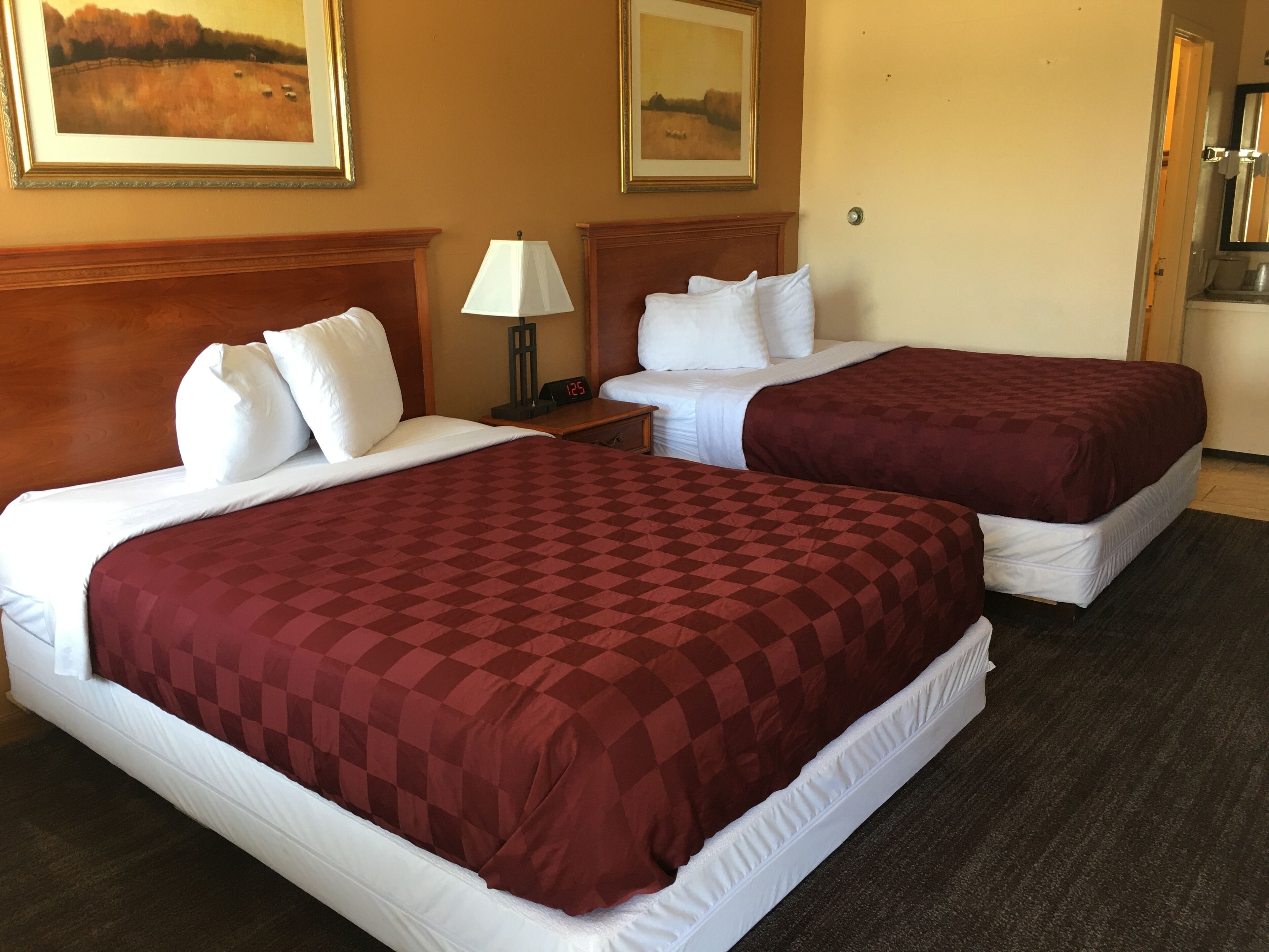 A hotel room with two beds, each with a red checkered bedspread and white pillows. There is a nightstand with a lamp between the beds, and a painting on the wall above the nightstand.
