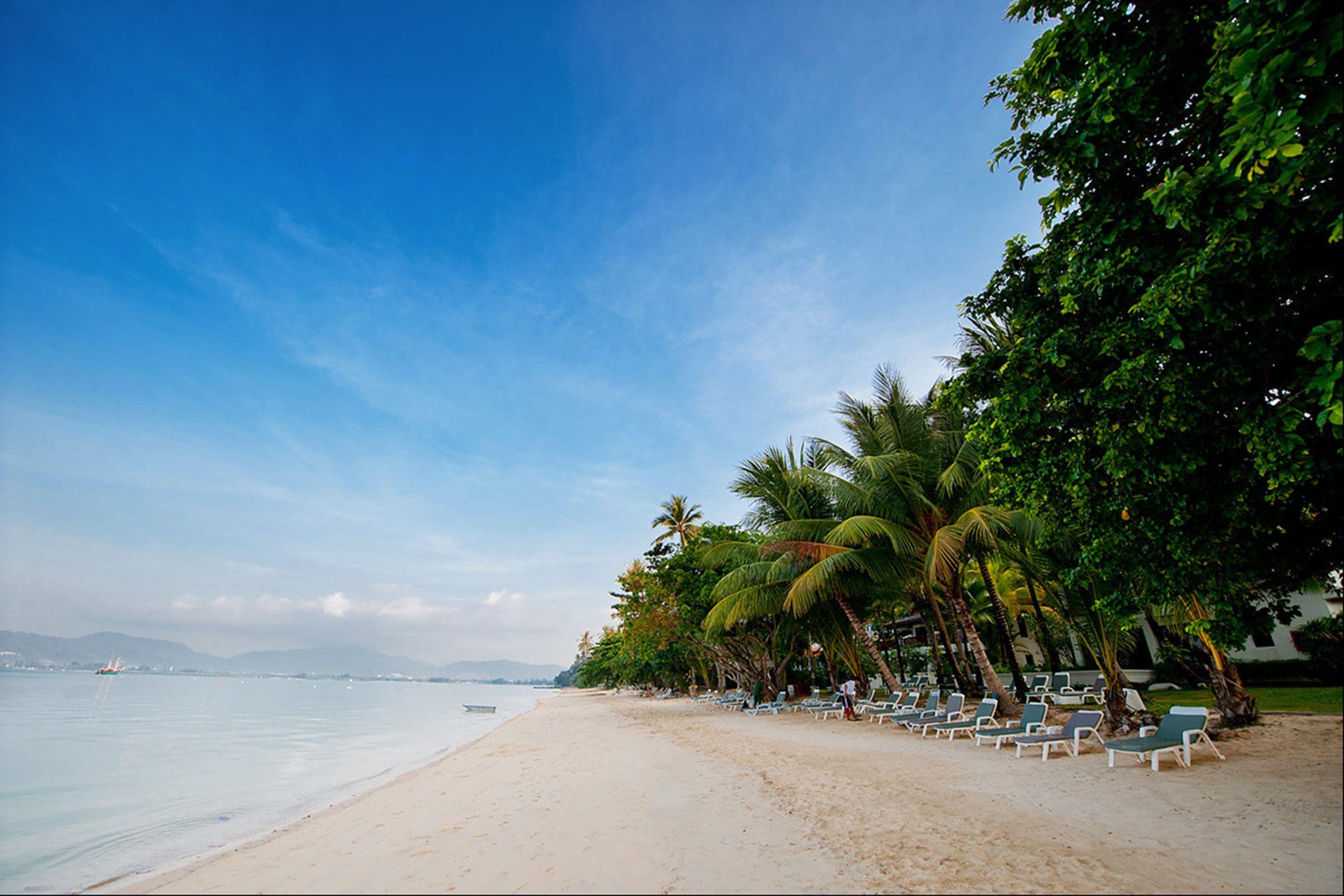 Na praia, espreguiçadeiras, guarda-sóis, toalhas de praia 