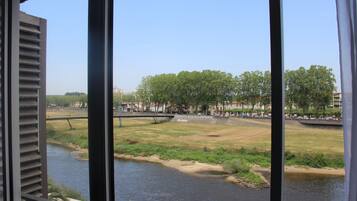 Vista di un fiume con un ponte, alberi e edifici sullo sfondo.