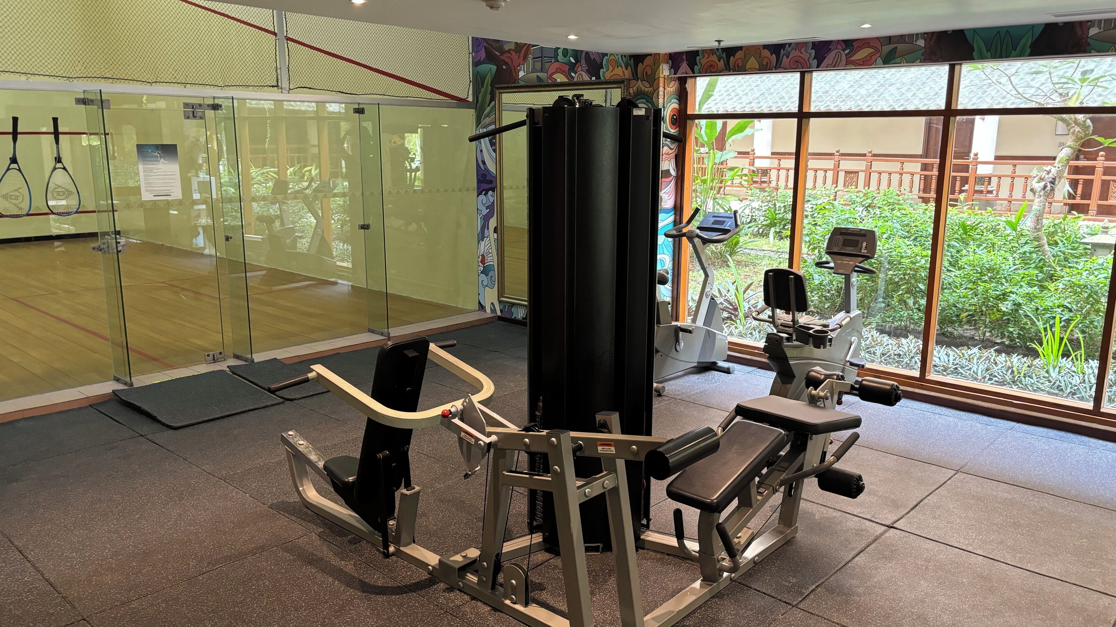 A gym with exercise equipment, a mirrored wall, and a view of greenery outside.