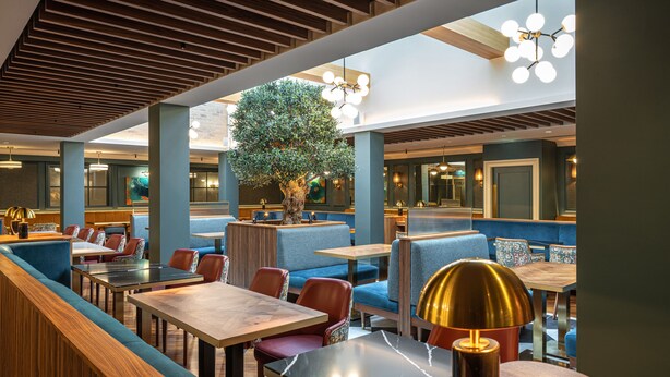 Een modern restaurant met hoge plafonds, houten balken en een centrale boom. Tafels en zitjes zijn voor dineren ingericht.