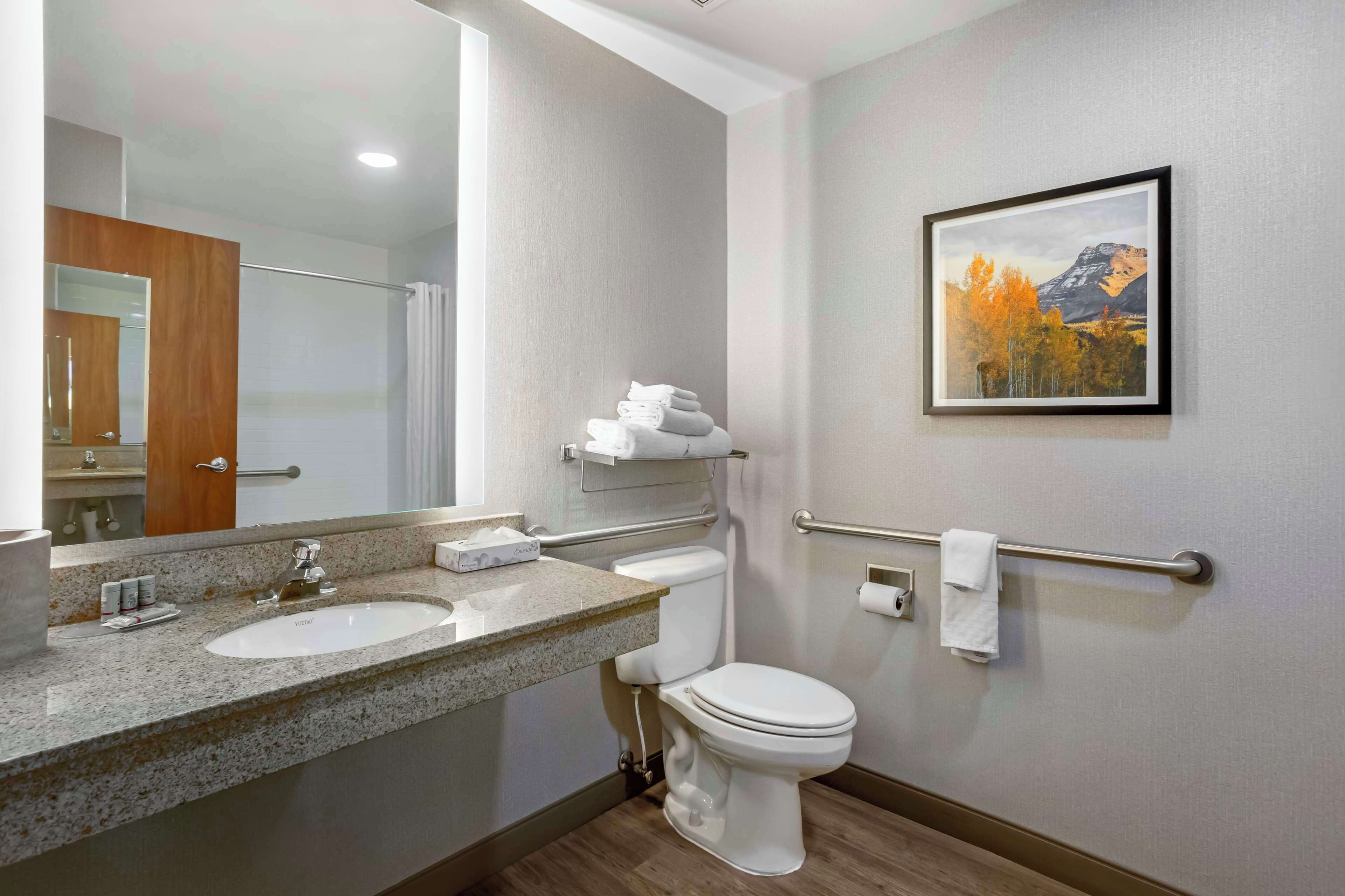 combined shower/bathtub, hair dryer, towels