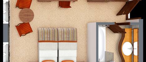 A hotel room layout with a bed, two bedside tables, a desk, a chair, a wardrobe, and a bathroom with a bathtub and toilet.