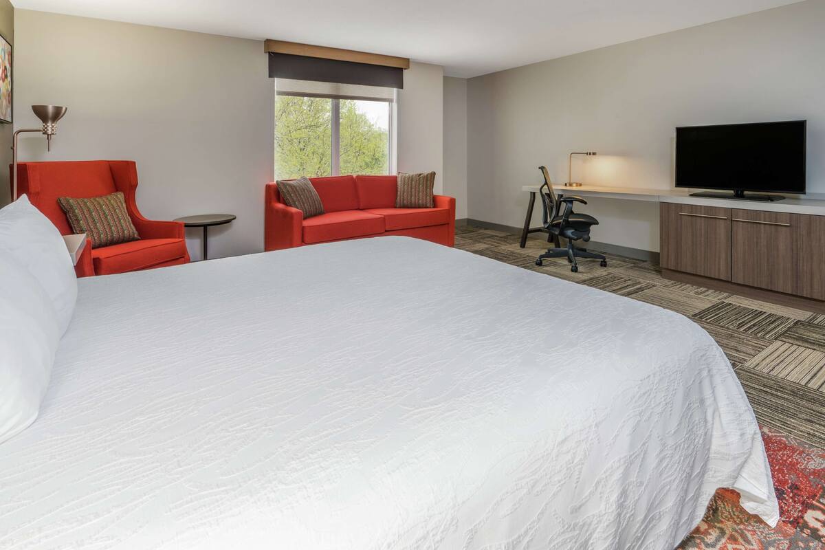 A hotel room with a large bed, two red armchairs, a desk with a television, and a window with a view of trees.