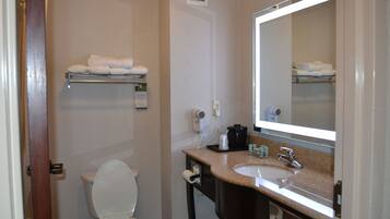 Combined shower/tub, free toiletries, hair dryer, towels