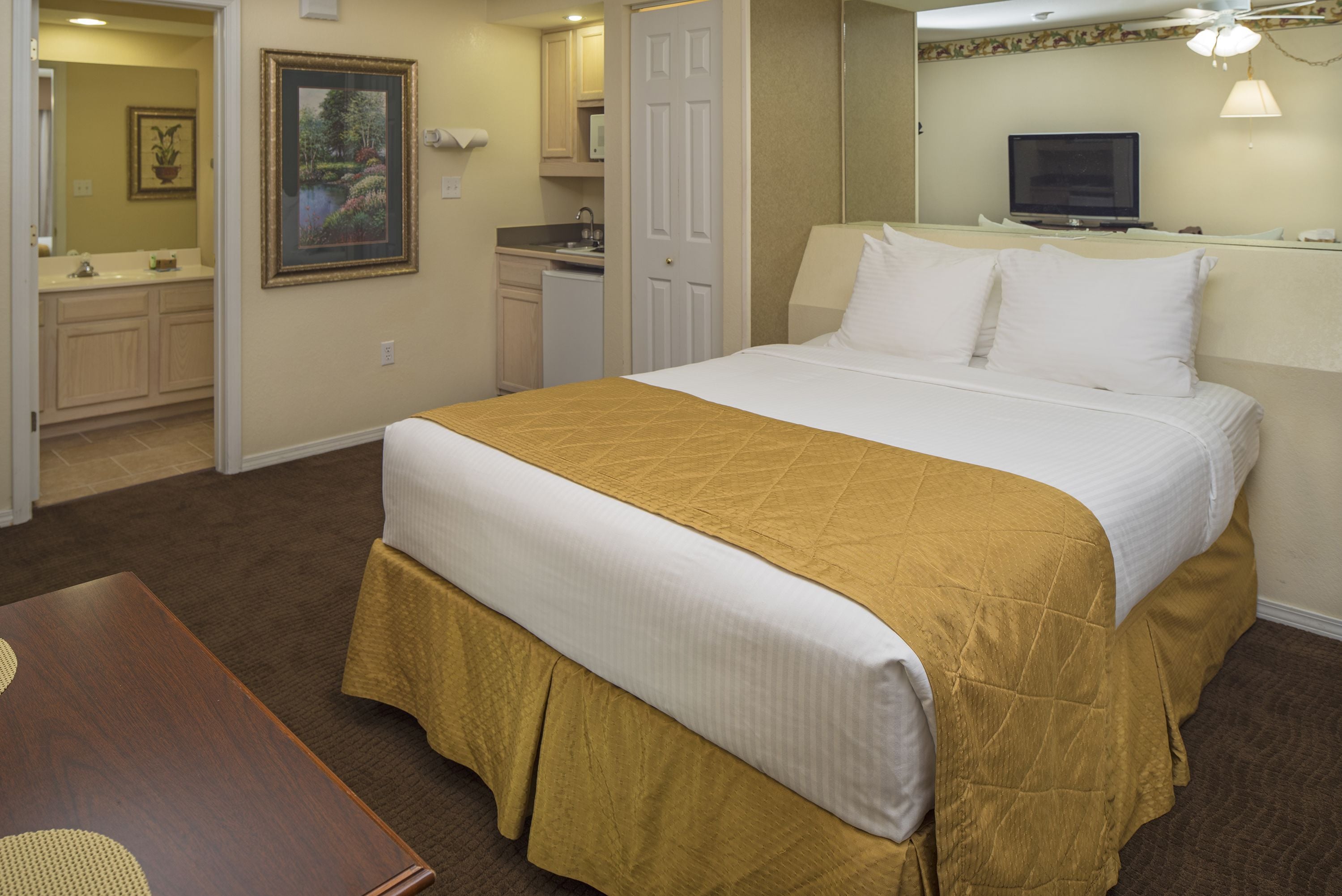 A hotel room with a bed, a desk, a television, a bathroom, and a kitchenette.