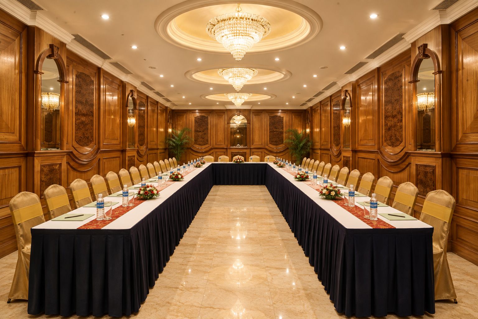 Ein Konferenzraum mit langem Tisch, Stühlen und einer Chandelier.