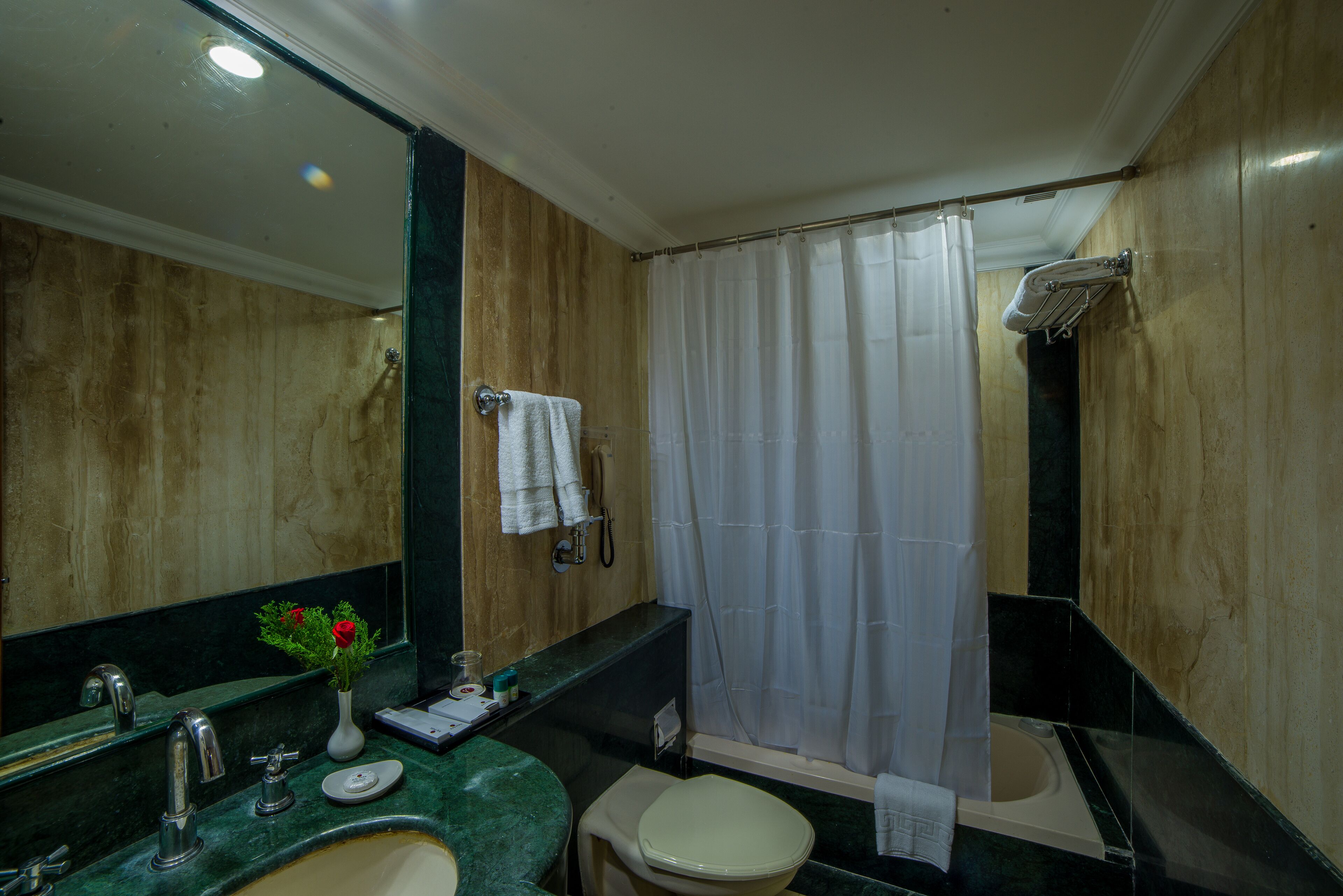 A bathroom with a sink, toilet, and shower curtain.