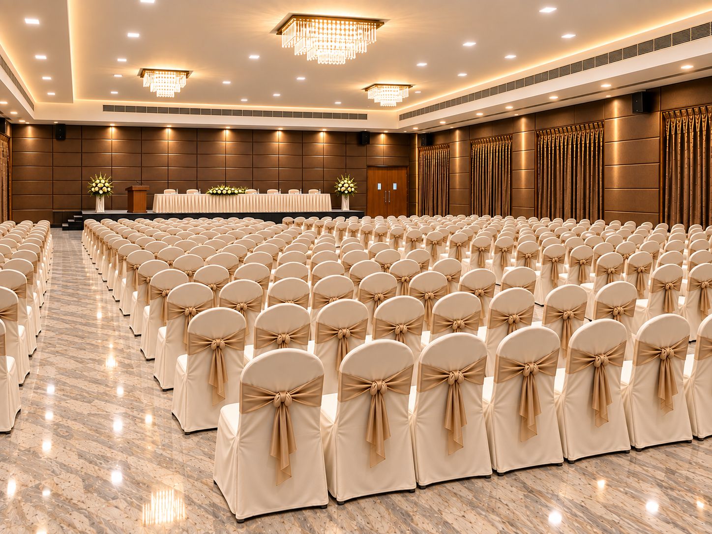 A large conference room with rows of chairs, a stage with a podium, and a chandelier.