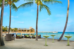 On the beach, sun loungers, beach umbrellas, beach towels