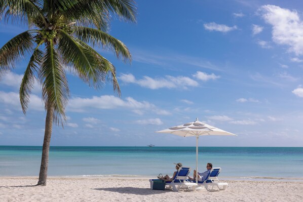 On the beach, sun-loungers, beach umbrellas, beach towels