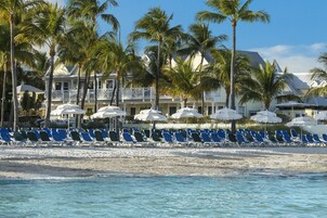 Un hotel frente a la playa con hileras de sillas azules y sombrillas blancas, palmeras y un cielo azul despejado.