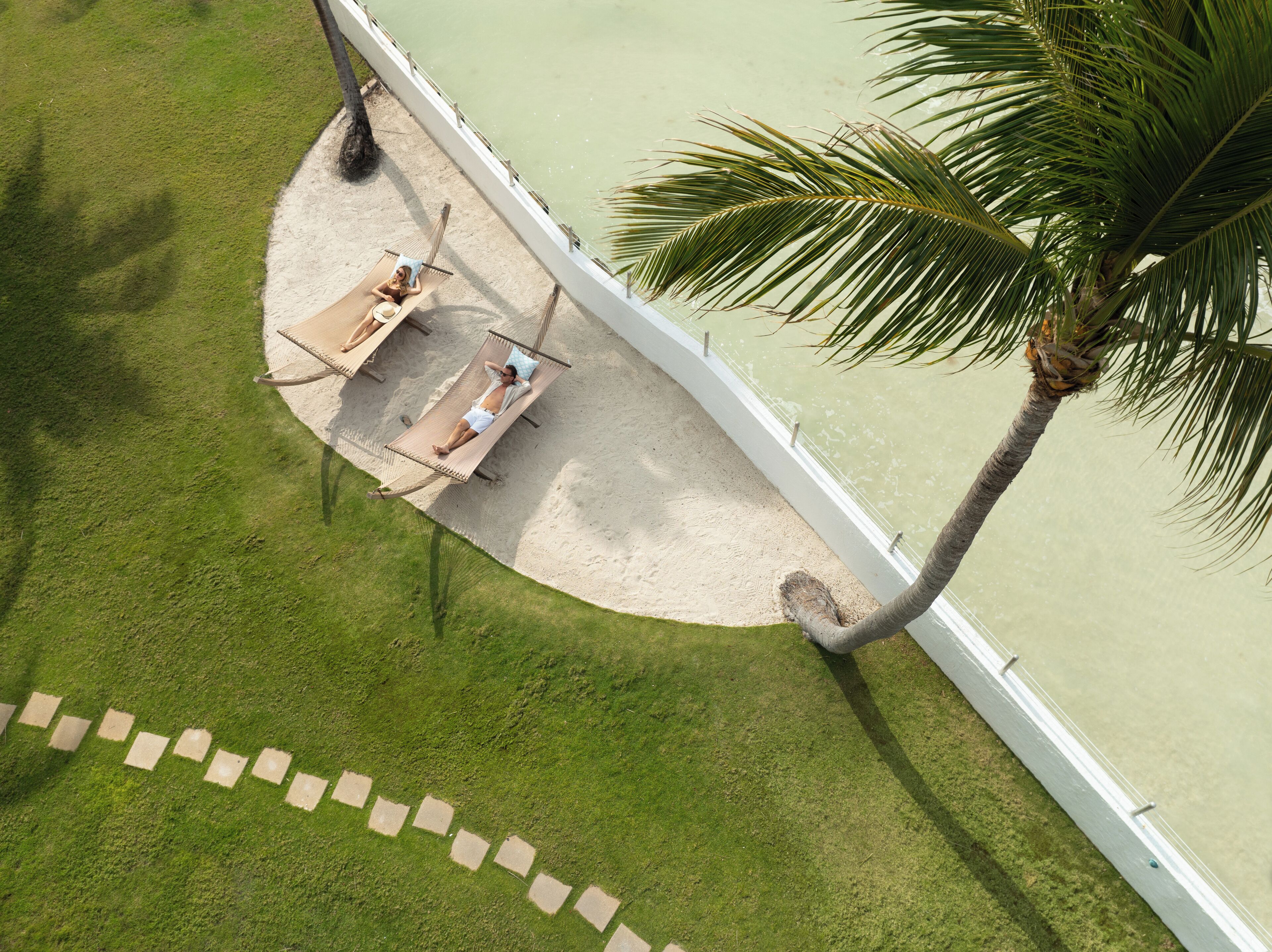 An aerial view of a beachside area with a palm tree, a hammock, and a pathway.