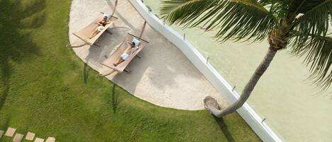 An aerial view of a beachside area with a palm tree, a hammock, and a pathway.