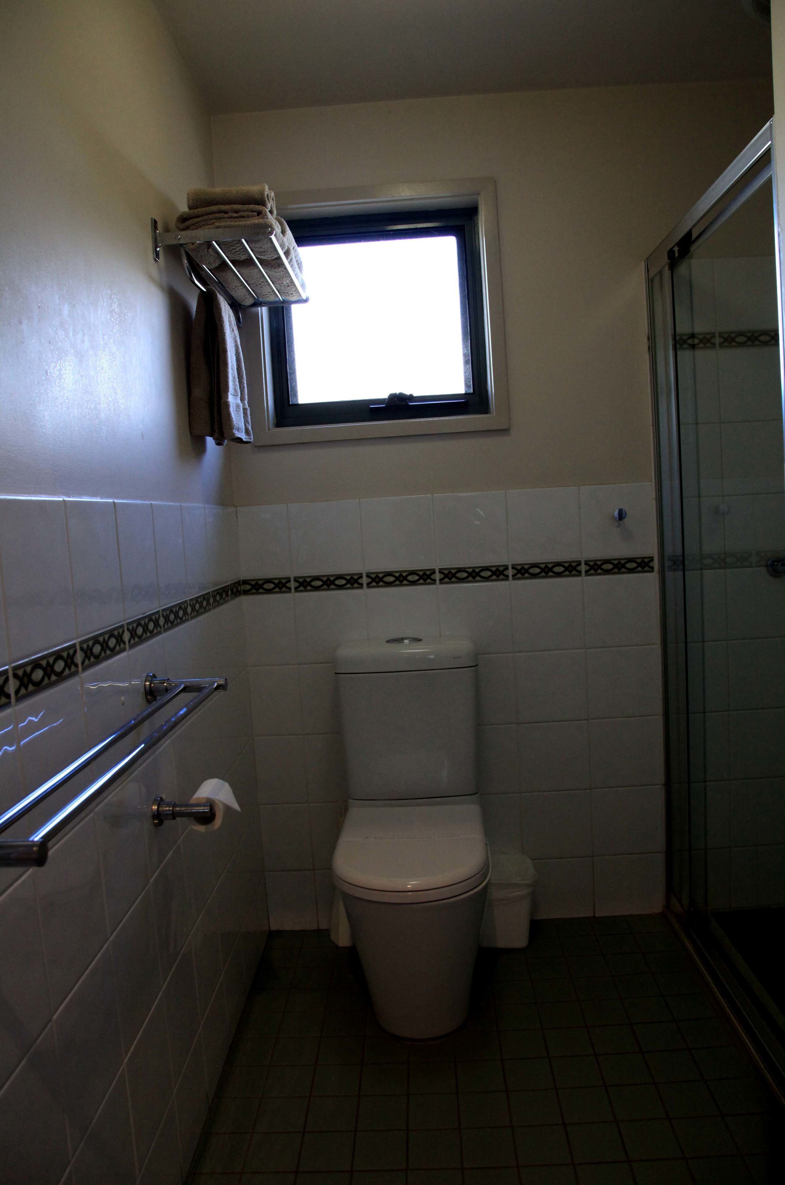 A small bathroom with a toilet, a window, and a shower.