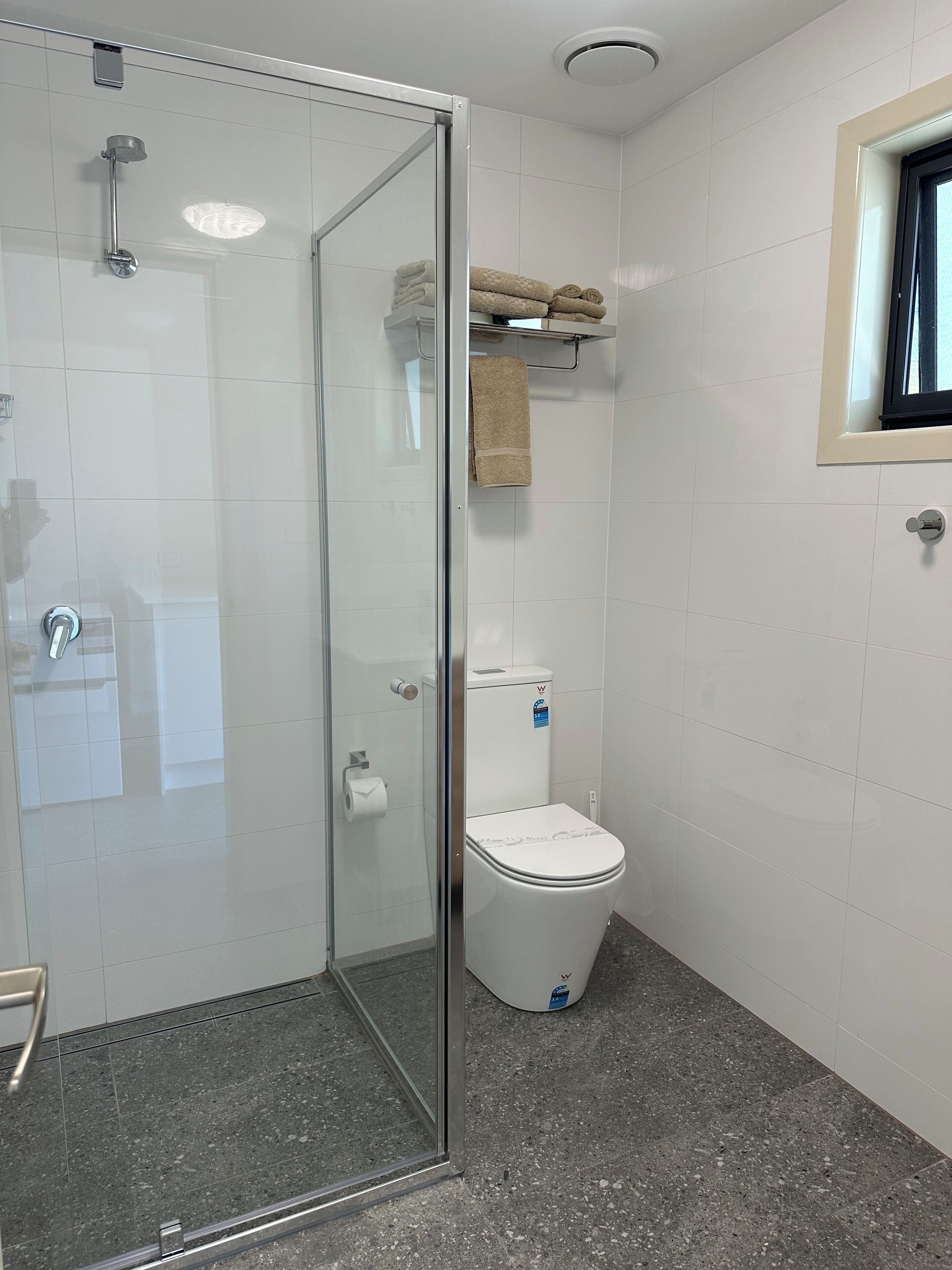 A bathroom with a glass shower enclosure, a toilet, and a towel rack.