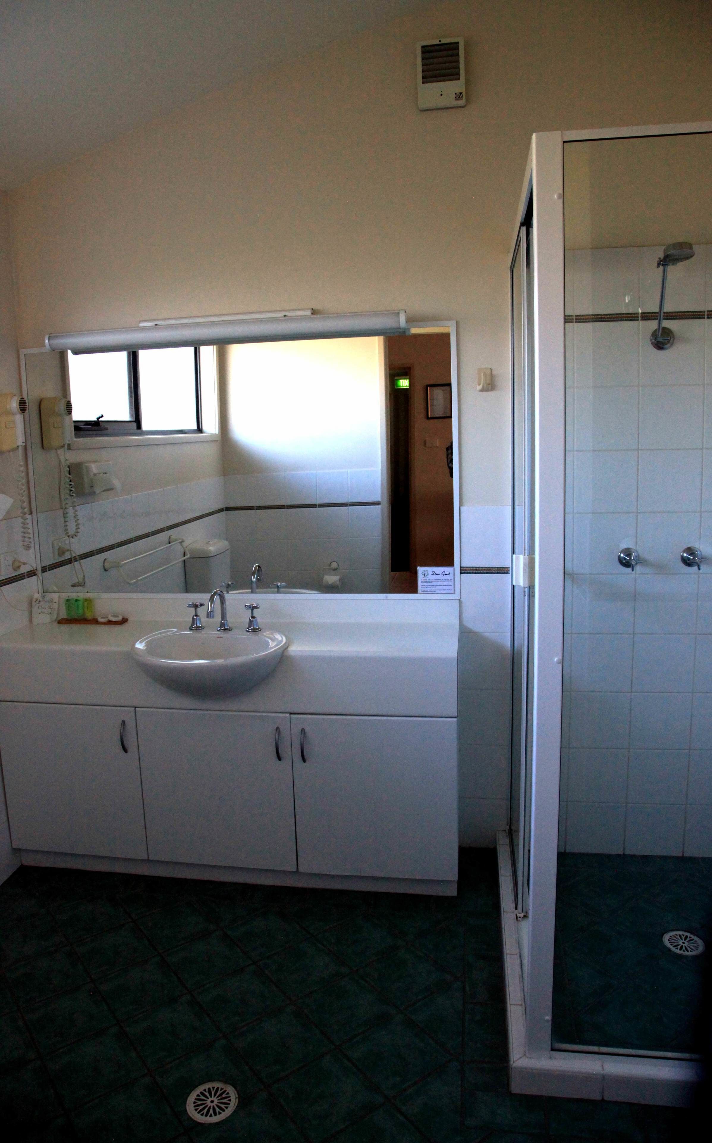 Une salle de bain avec un lavabo, un miroir et une douche.