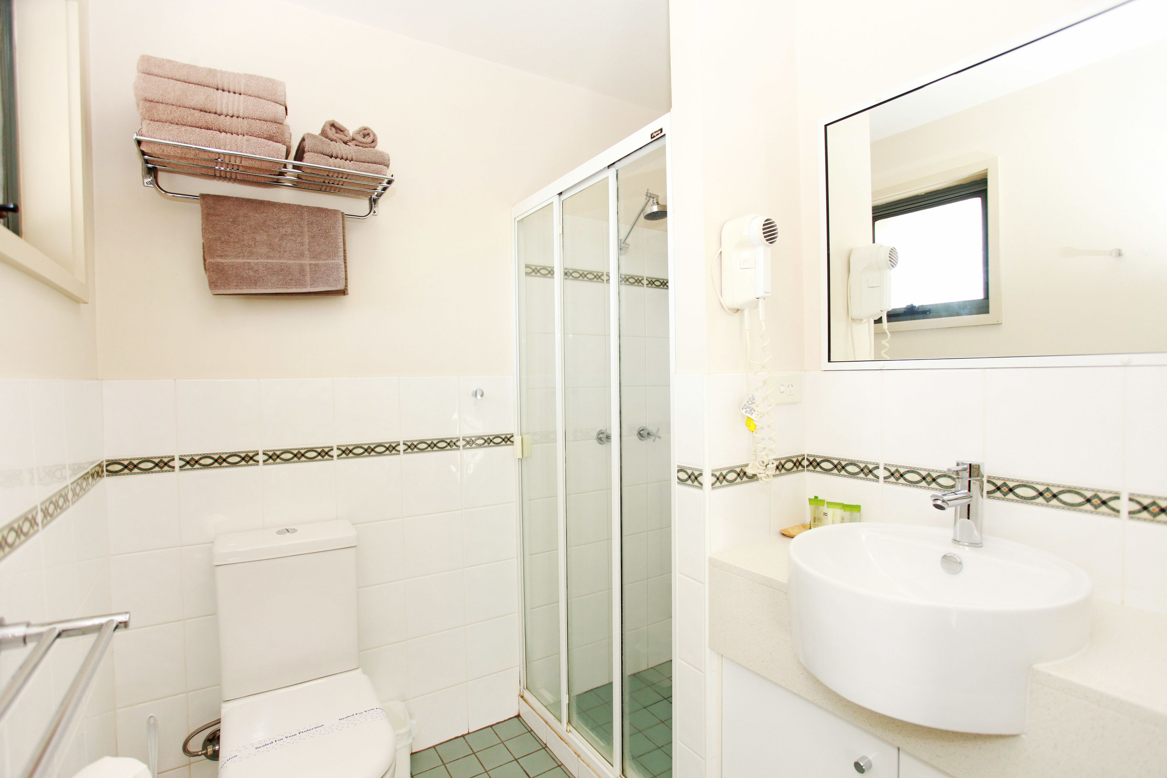 Une salle de bain avec des toilettes, une douche et un lavabo.