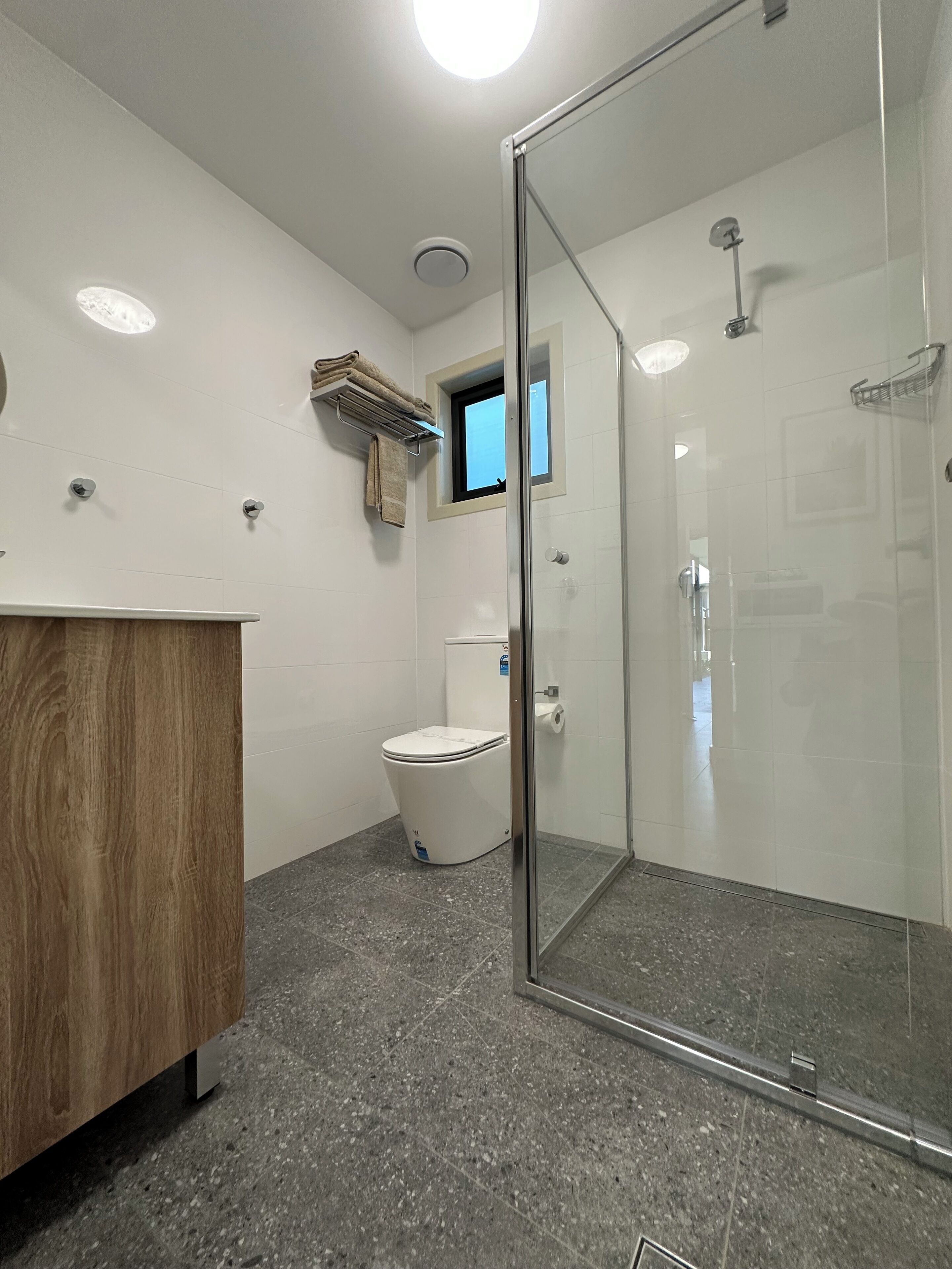 Un baño moderno con ducha envuelta en vidrio, inodoro y tocador con encimera de madera.