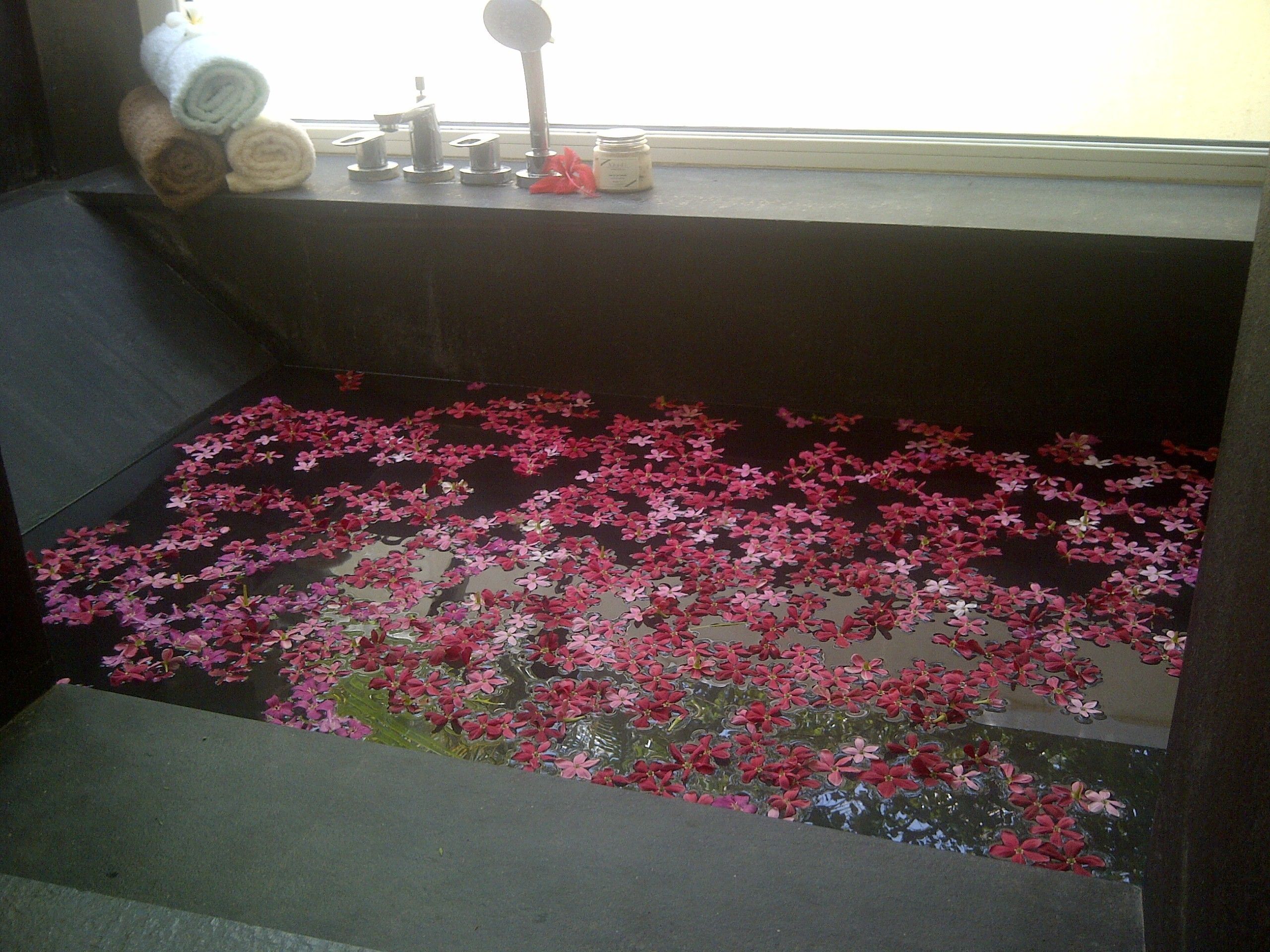 A bathtub filled with water and pink flowers.
