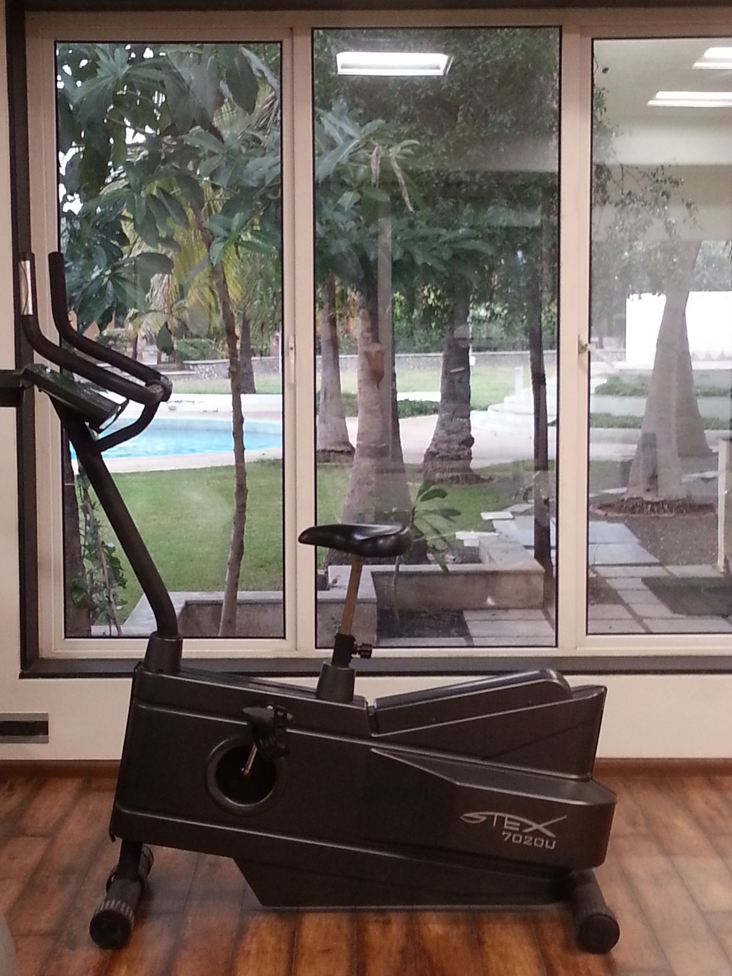 A stationary exercise bike in a room with large windows overlooking a pool and palm trees.