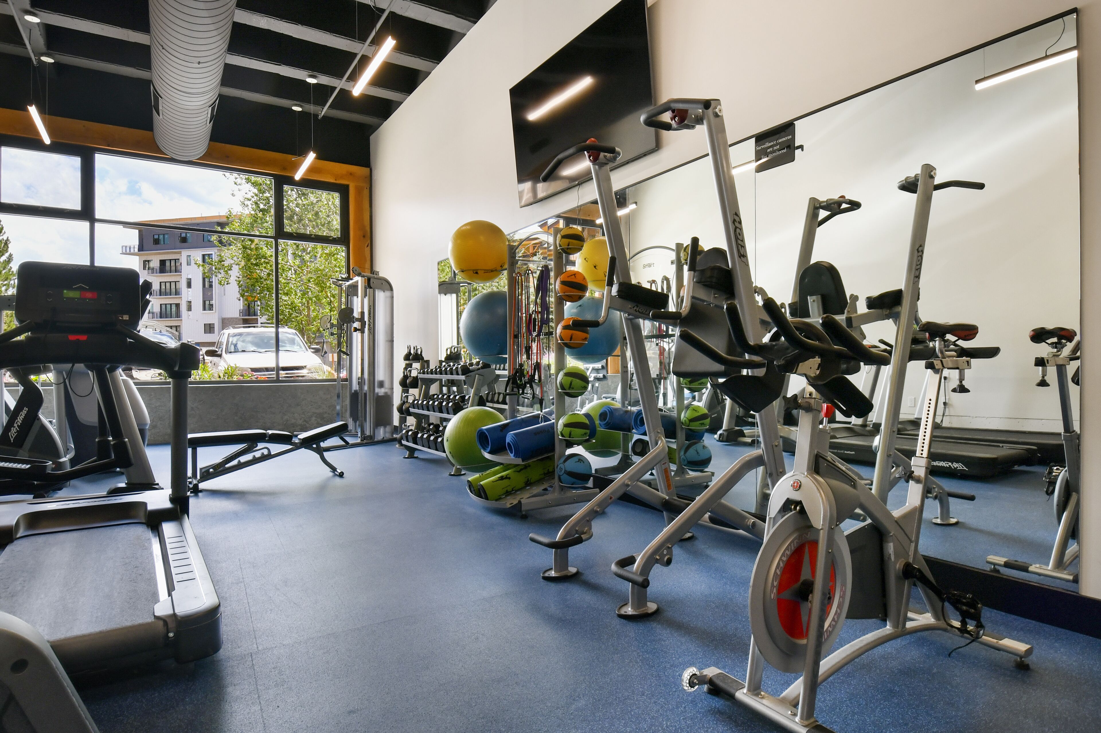 Un gimnasio con cintas de correr, pelotas de ejercicio y máquinas de pesas.