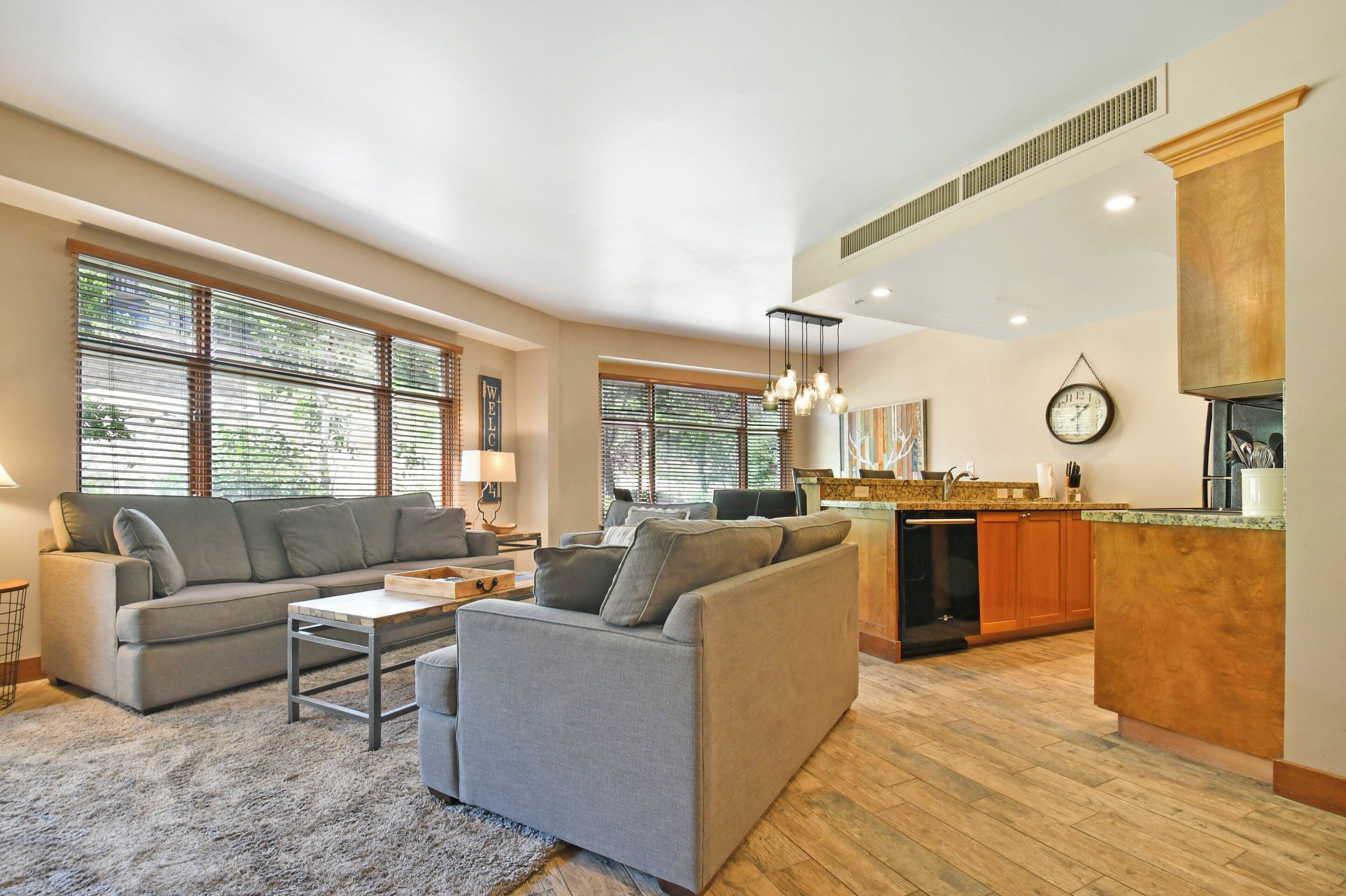A spacious living room with a grey sofa, a coffee table, and a kitchen area with wooden cabinets and a built-in oven.