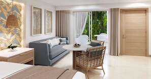 A modern hotel room with a sofa, a dining table, a wicker chair, a bed, and a view of greenery outside.