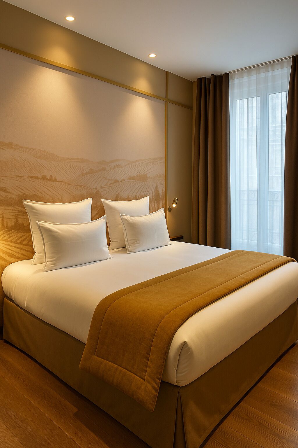 Una cama grande con ropa blanca y una manta marrón, un cabecero con una lámpara, y una ventana con cortinas translúcidas.