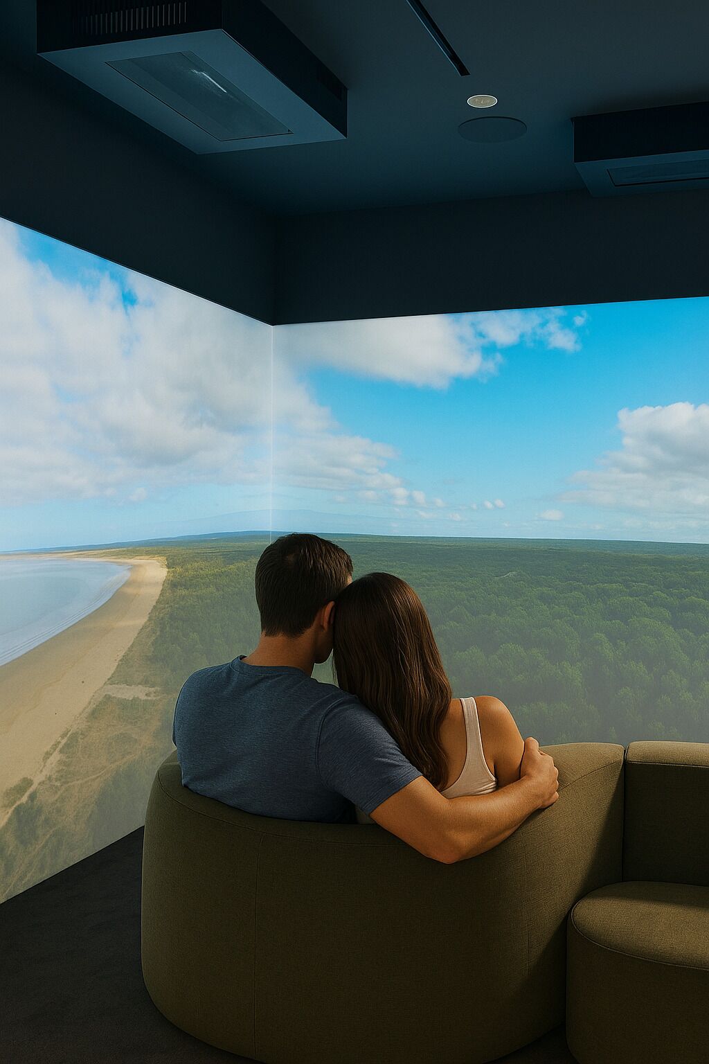 Una pareja sentada en un sofá curvo frente a un ventanal con vistas a una playa y un bosque.