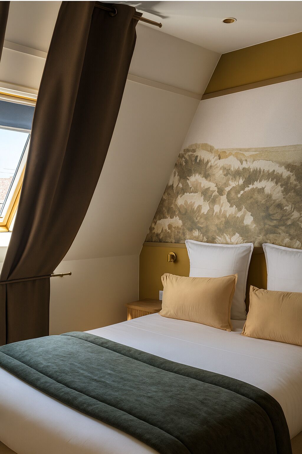 A bedroom with a bed, a nightstand, a wall-mounted lamp, and a window with curtains.