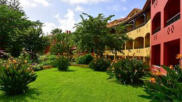 A courtyard with a well-maintained lawn, various tropical plants, and a building with yellow and red walls.