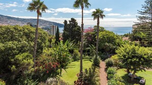 A lush garden with palm trees, a well-manicured lawn, and a view of the sea. - Pestana Village Garden Hotel (Funchal)