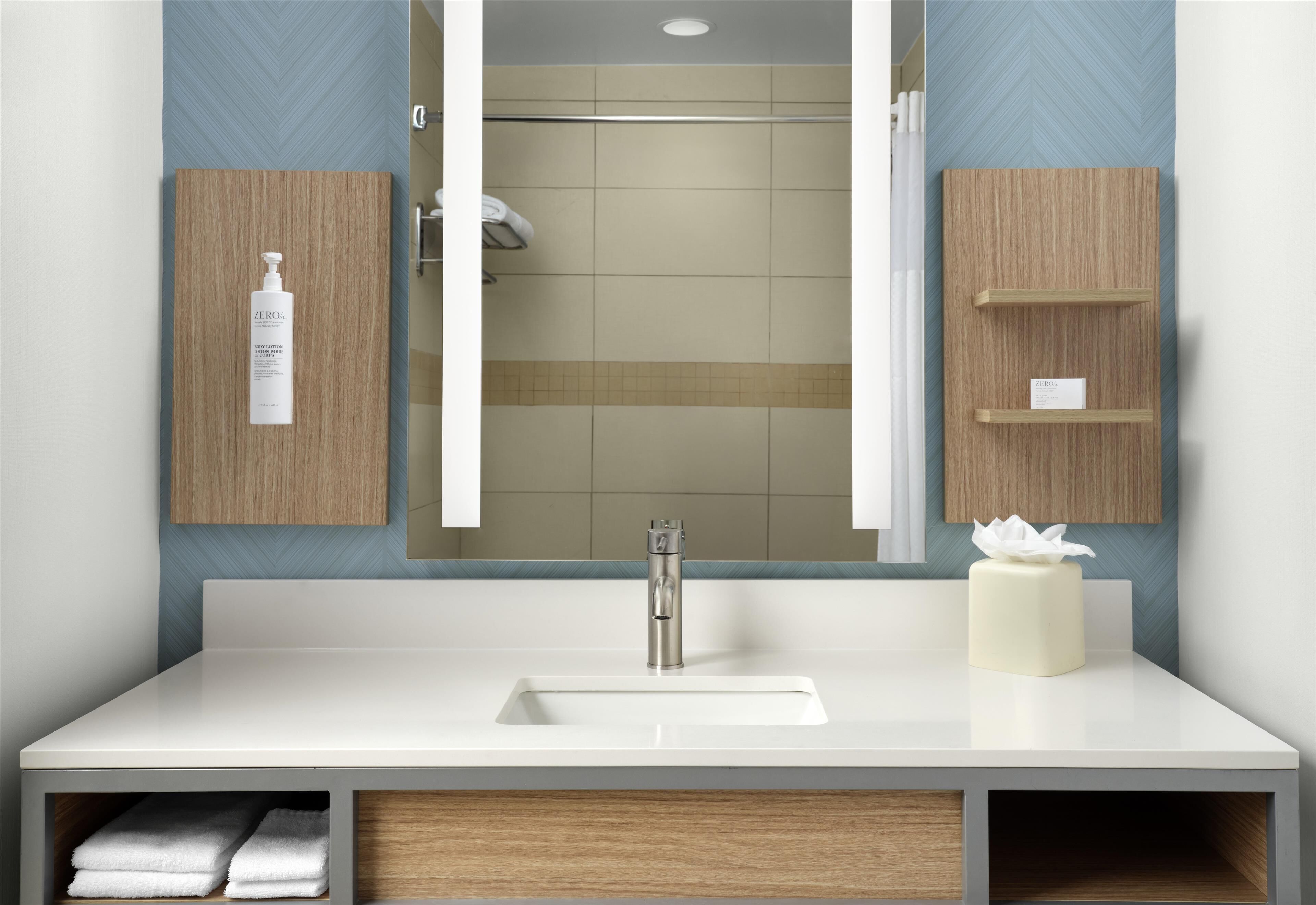 combined shower/bathtub, free toiletries, hair dryer, towels