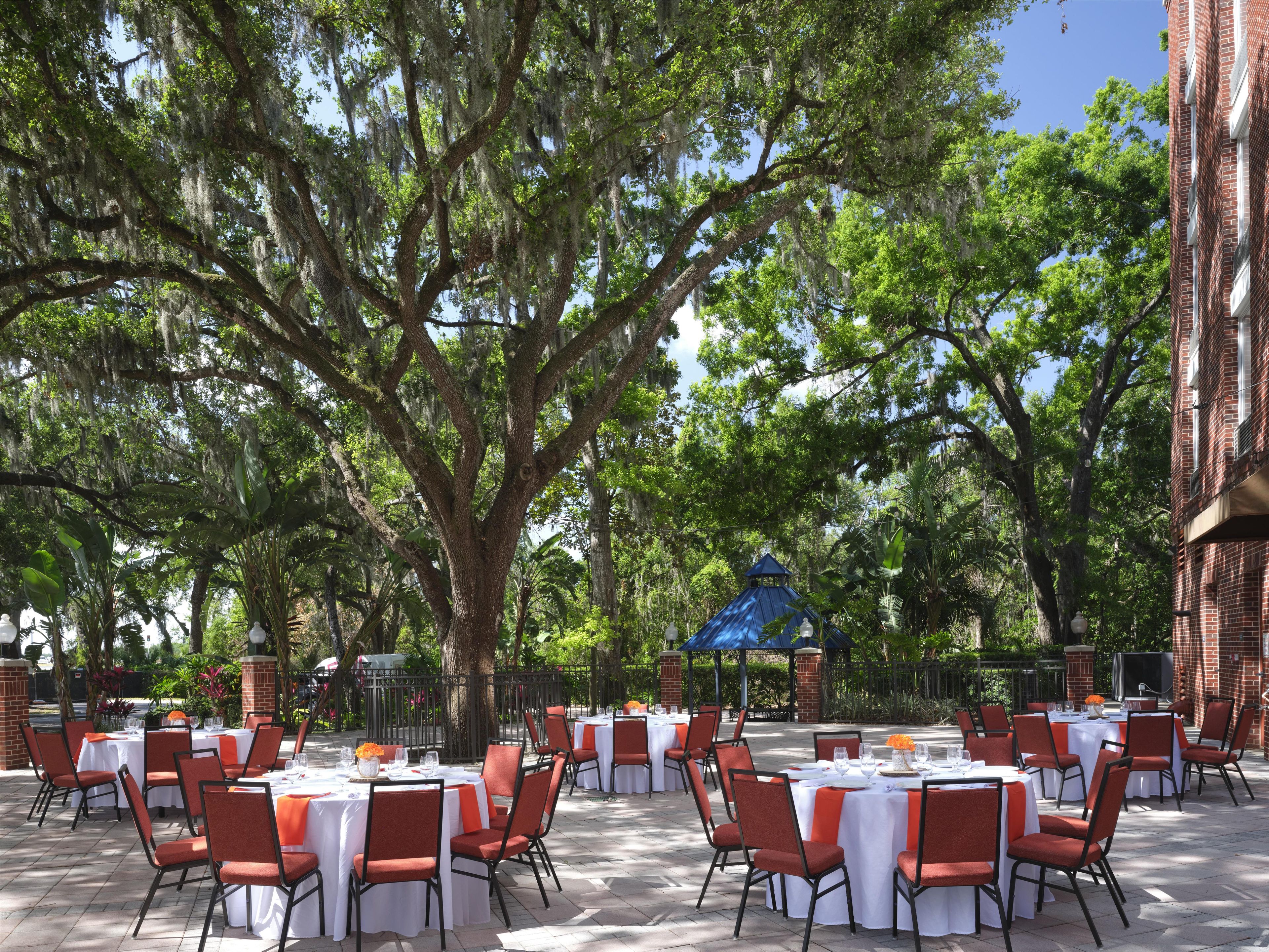 Un espace de restauration en plein air, avec des tables et des chaises, entouré d’arbres et bordé d’un bâtiment en briques.