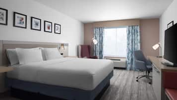 Desk, laptop workspace, blackout drapes, iron/ironing board