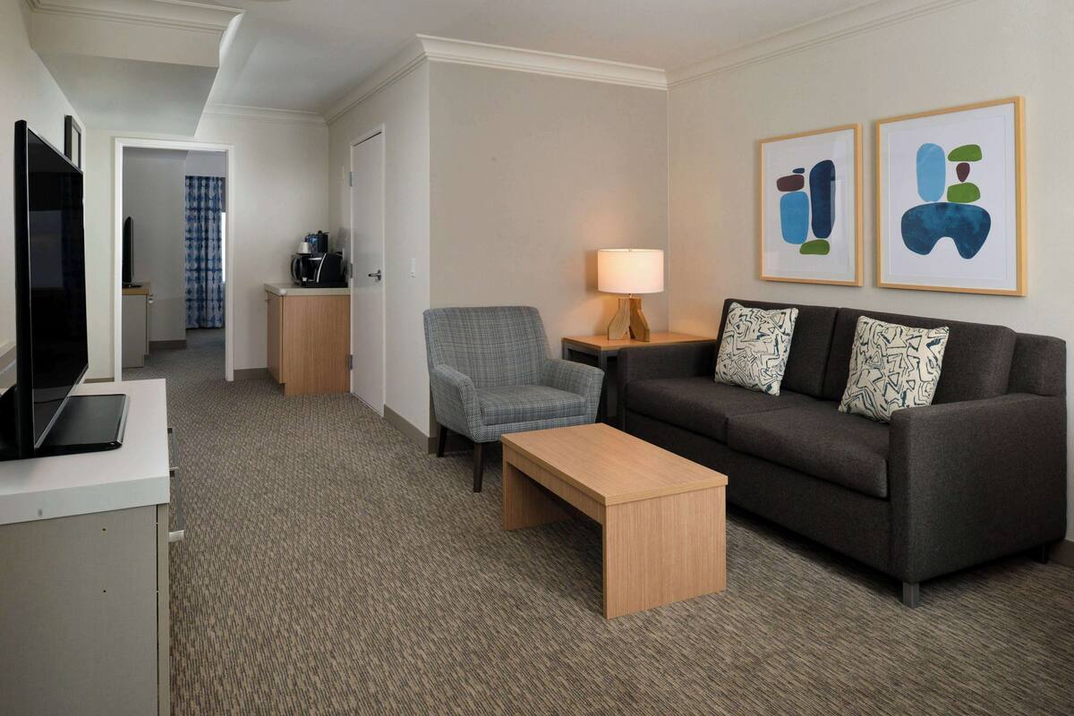 A modern hotel room with a dark grey sofa, a light wooden coffee table, a grey armchair, a small wooden side table with a lamp, and a flat-screen TV on a white stand.