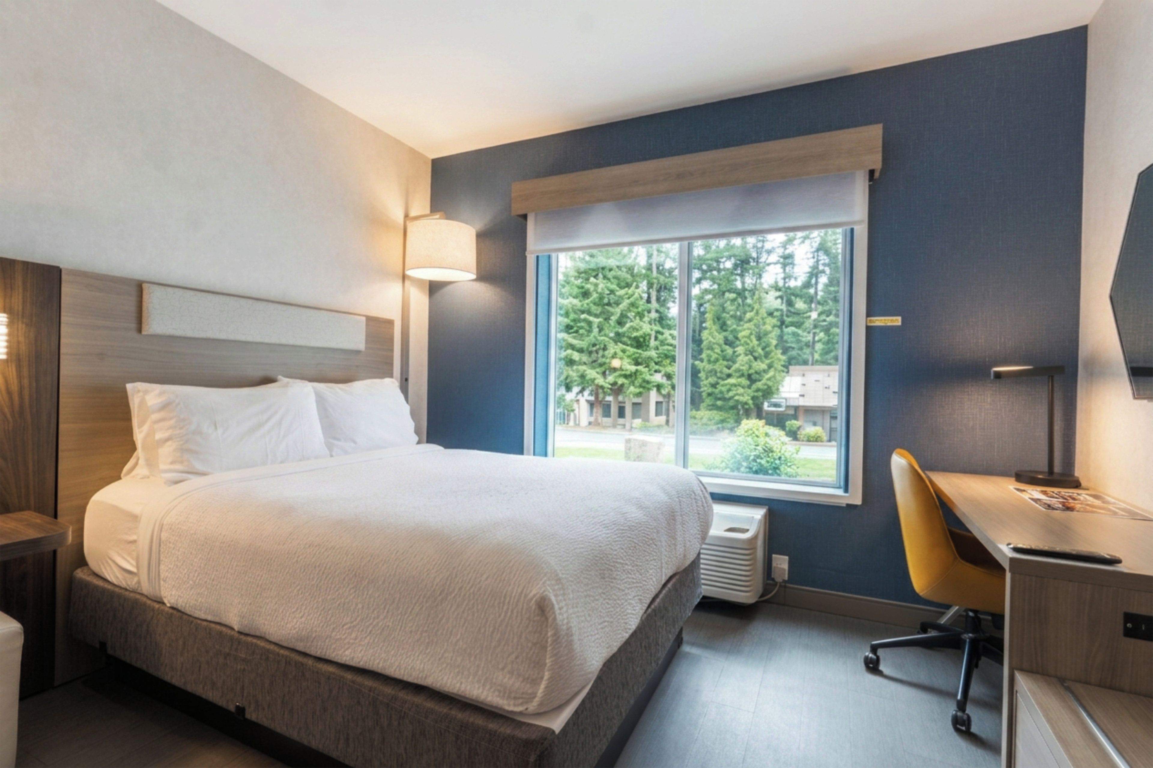 Une chambre d’hôtel avec un lit, un bureau, une chaise et une fenêtre donnant sur des arbres.