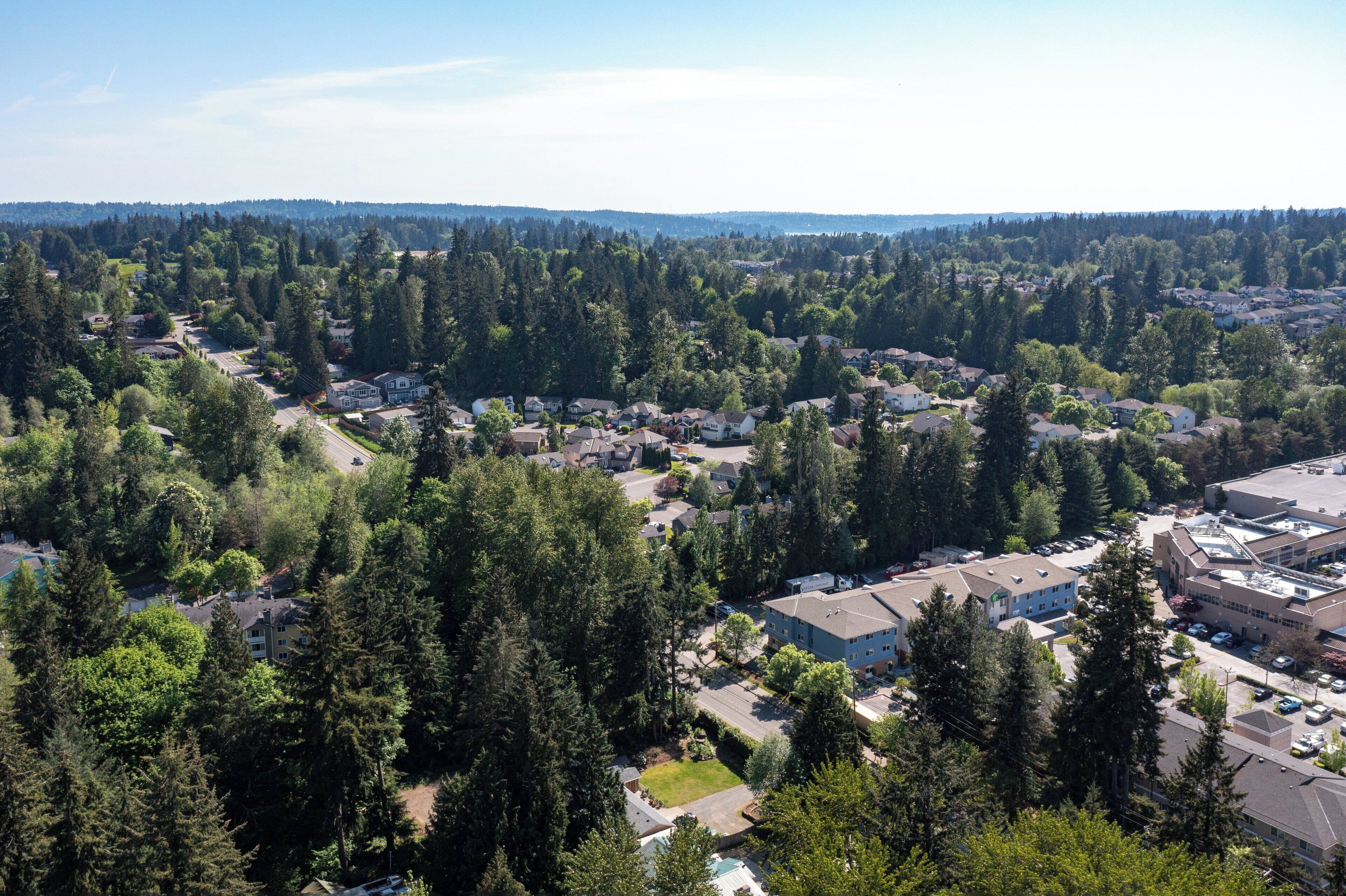 An aerial view of a residential area with houses, dense trees, and a mix of single and multi-story buildings.