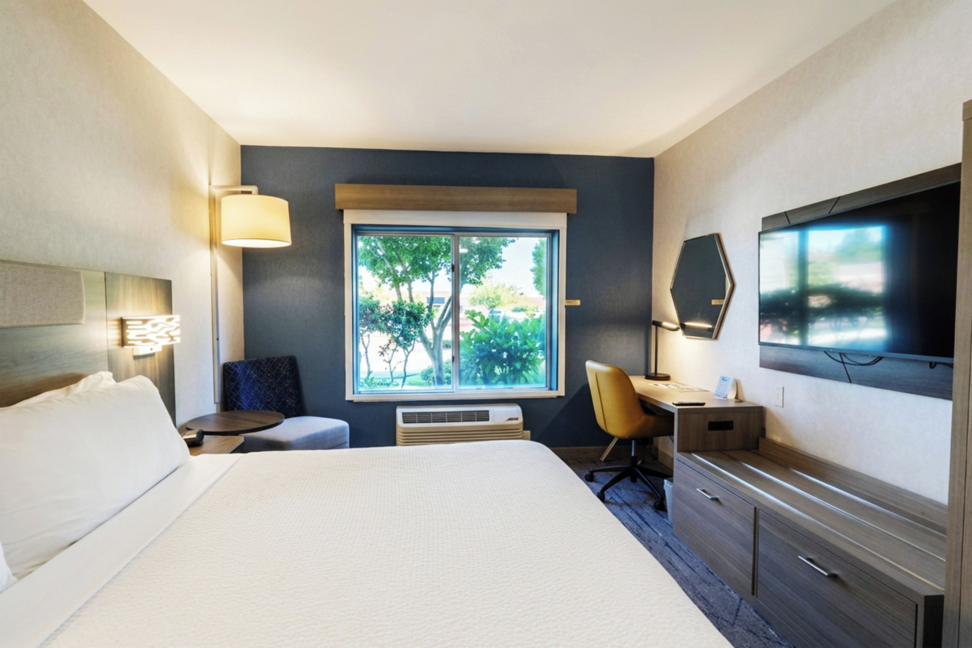 Habitación de hotel con una cama grande, un escritorio, una silla, un televisor y una ventana con vista a árboles.
