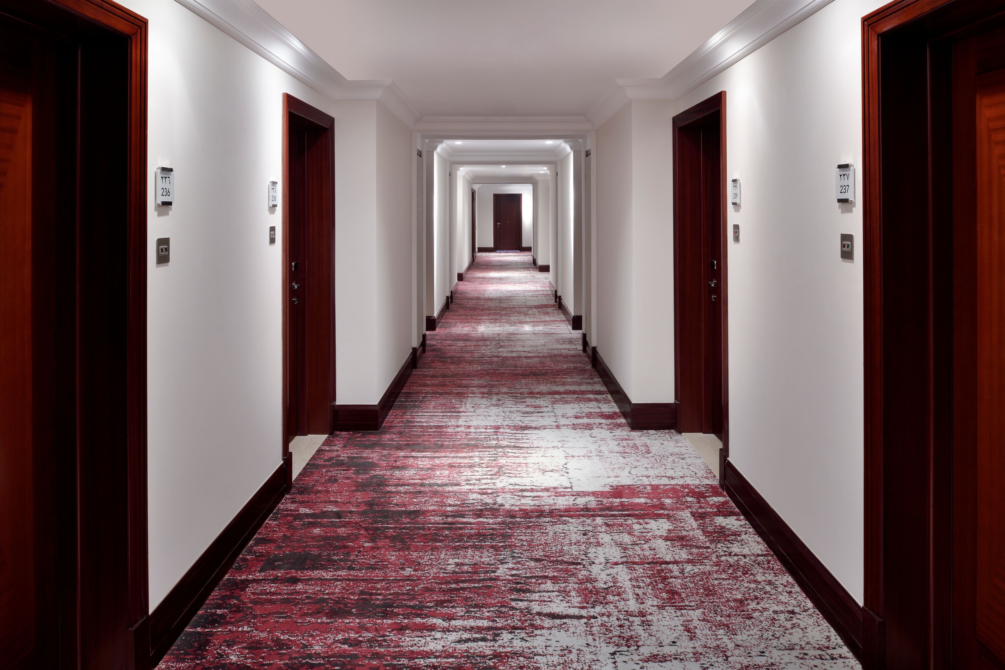A hotel hallway with a red carpet, wooden doors, and white walls.