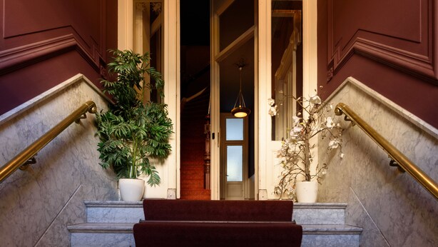 A grand entrance with marble steps, a wooden handrail, and potted plants. - Hotel The Neighbour's Magnolia (Amsterdam)