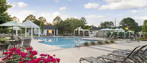 Indoor pool, outdoor pool, pool umbrellas, pool loungers