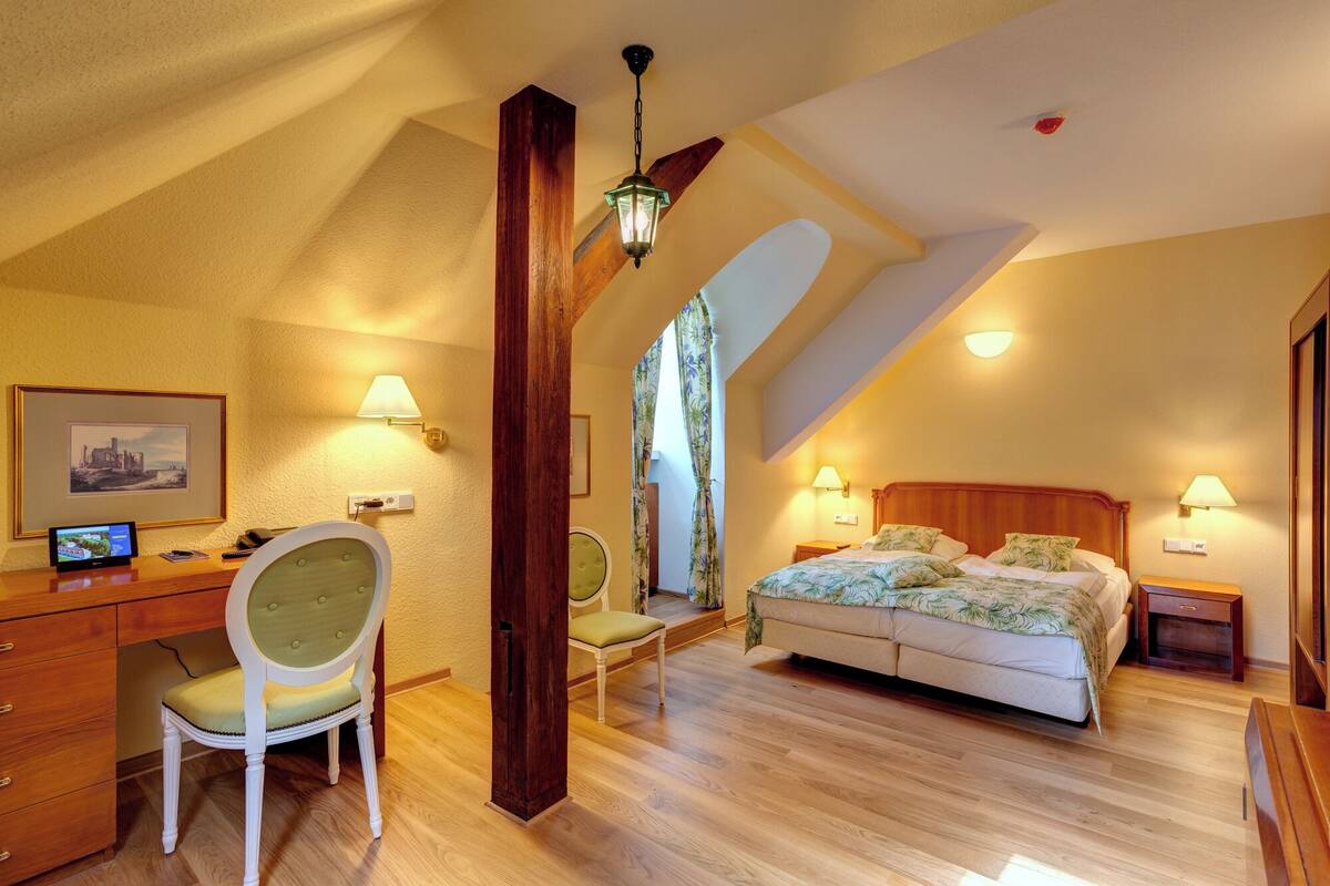 Un dormitorio con cama, escritorio, silla y televisor.