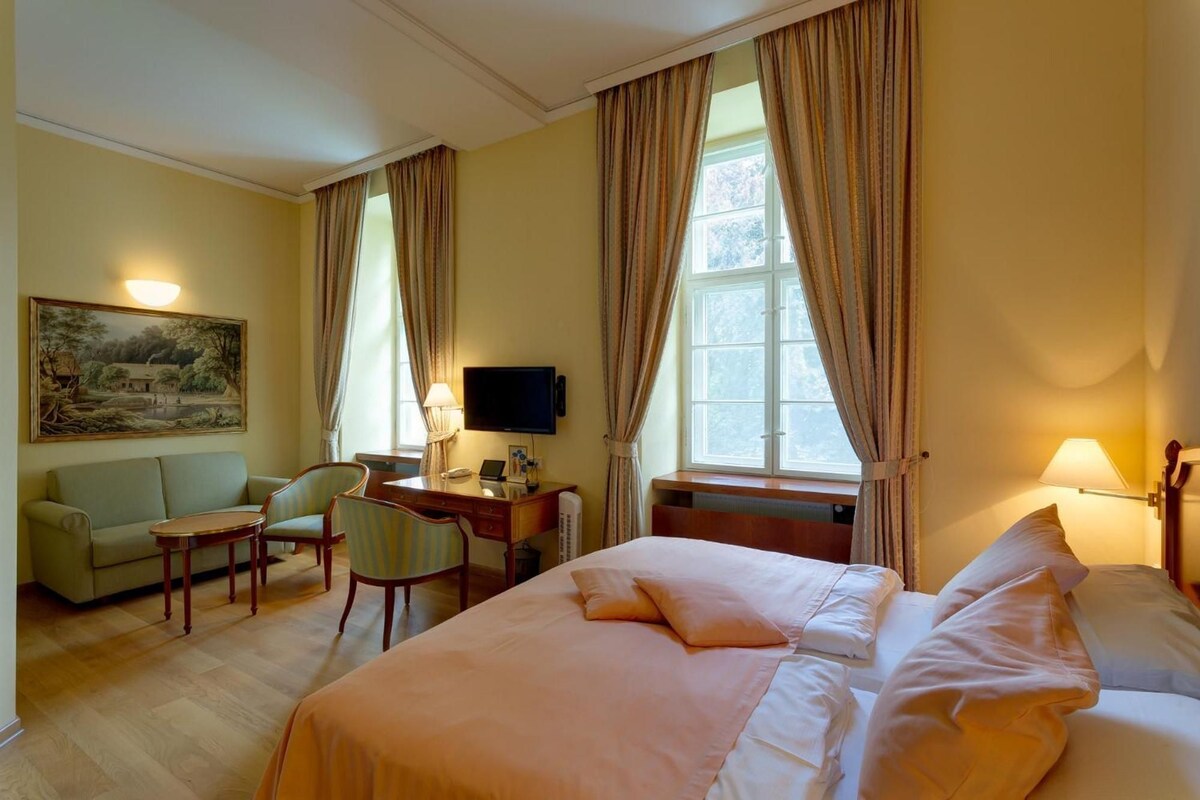 Une chambre d’hôtel avec un lit, un bureau, une chaise, une télévision et un tableau au mur.
