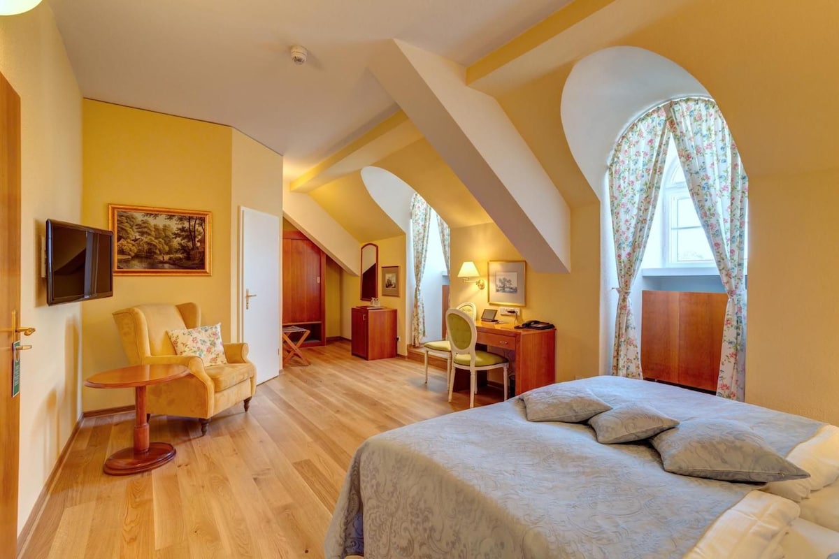 Une chambre à coucher avec un lit, un bureau, une chaise et un téléviseur.