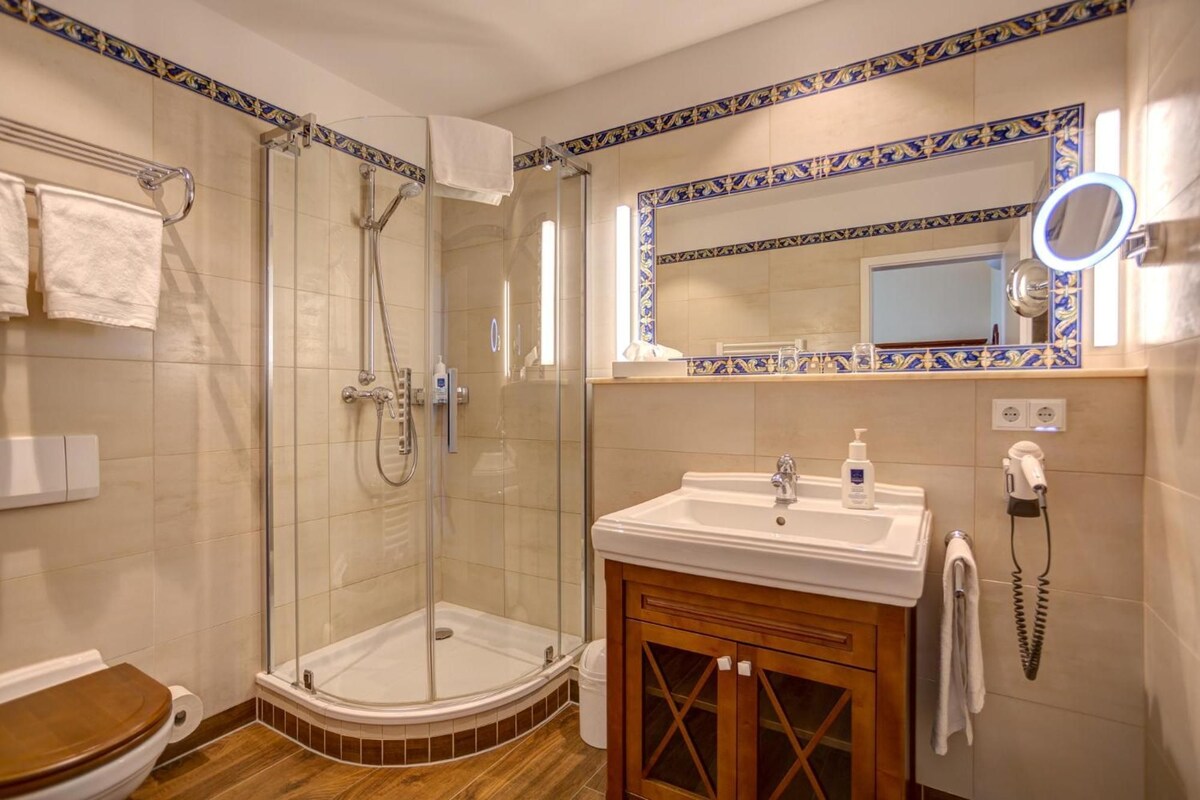 Een badkamer met een douchecabine, een wastafel met spiegel en een toilet.