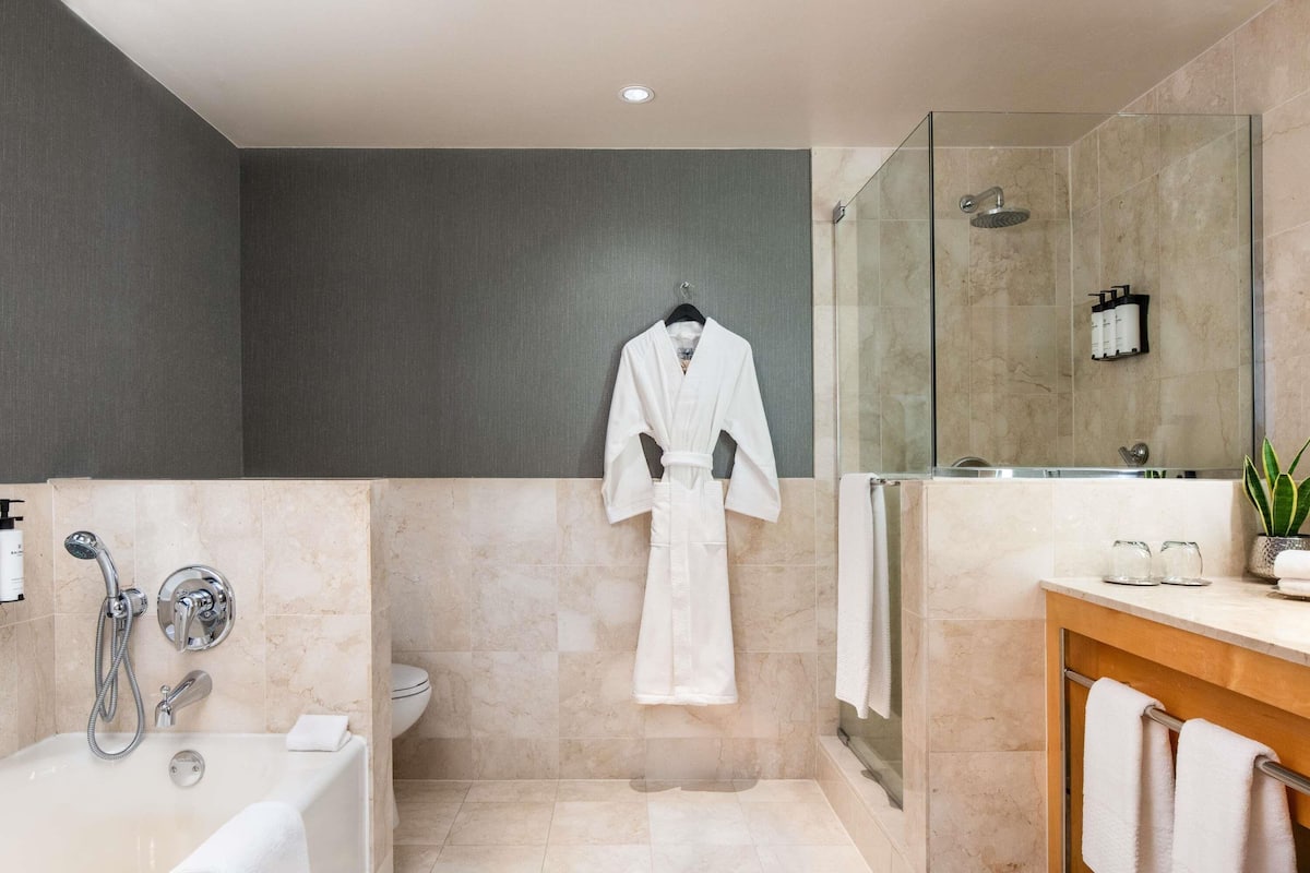 Separate tub and shower, designer toiletries, hair dryer, bathrobes