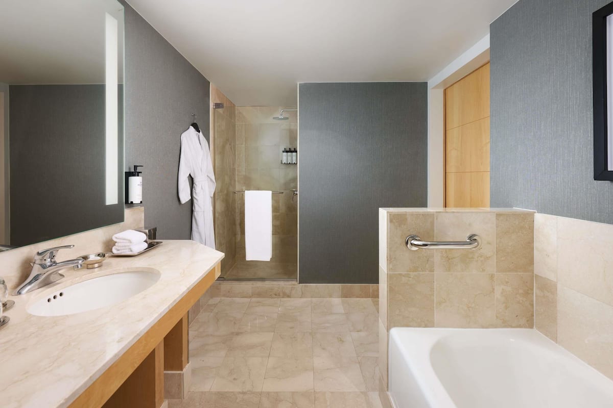 Baignoire et douche séparées, articles de toilette de luxe